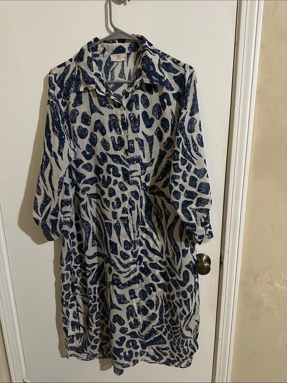 Button-Front Navy and White Animal Print Shirt Dress